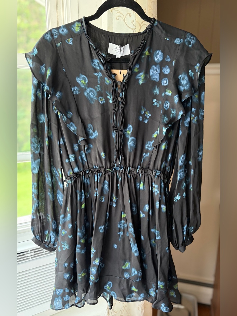 La Ligne Silvia Silk Mini Dress Black/Blue Floral Designer Luxury Sz XS NWT